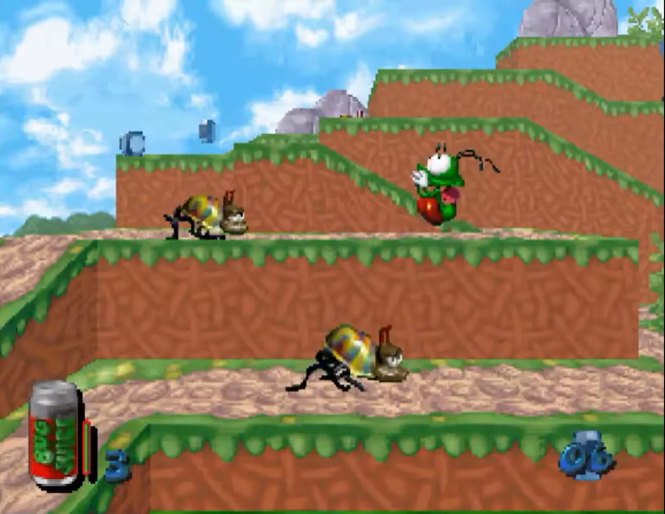 A 2.5 Platformer from 1995 called "Bug!" which lets the player control a green insect that jumps on other green insects.