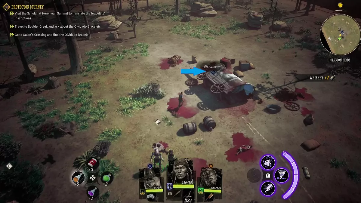 A blue arrow pointing to the cursed statuette that lets the player begin the Crime and Punishment quest on a broken wagon in Weird West.