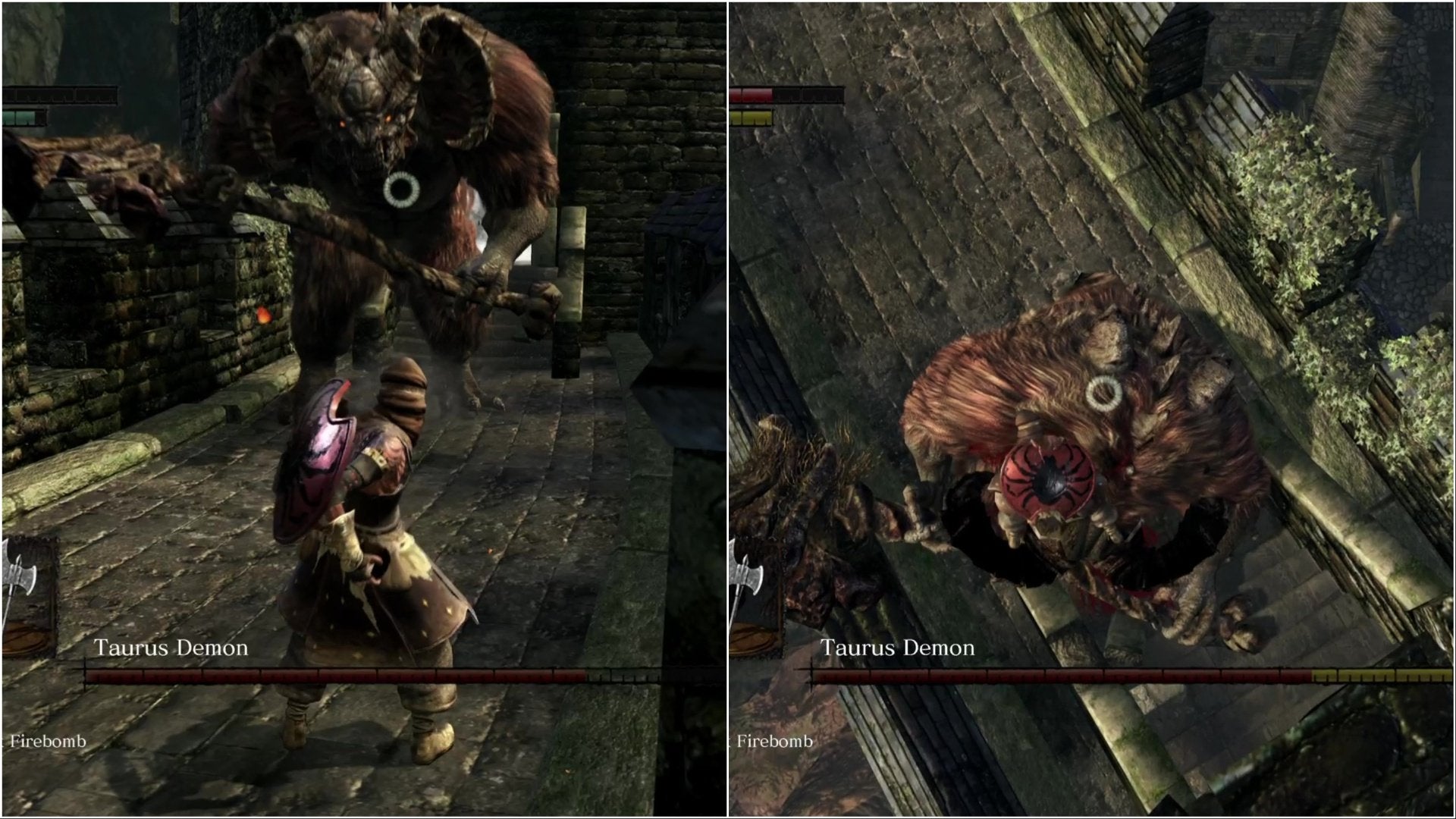 The player fighting the Taurus Demon in Dark Souls.