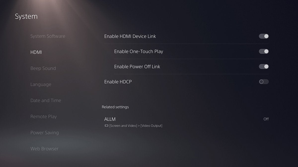 The Enable HDCP setting toggled to the off position in the PS5 System HMDI menu.