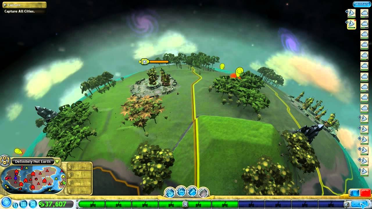 A yellow border dividing the territories of two countries in the Sandbox game Spore.