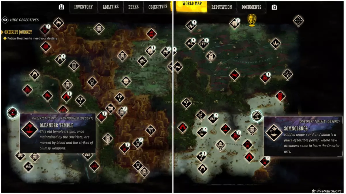 The Oleander Temple and Somnolence on the map in Weird West.