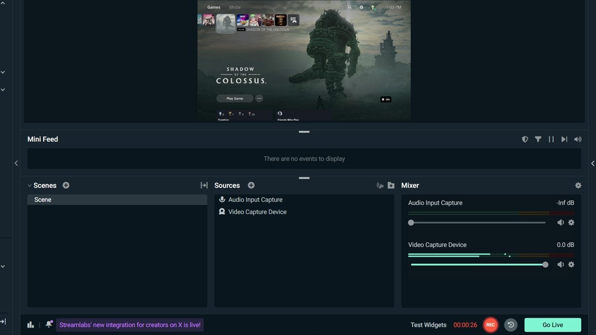 Streamlabs is open and is recording someone about to play Shadow of the Colossus on PS5.