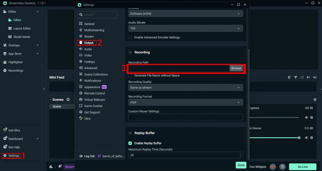 A user setting up their recording path in Streamlabs via the Settings menu and the Output tab.