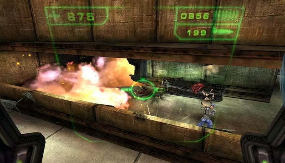 The player blowing up enemies in Red Faction.
