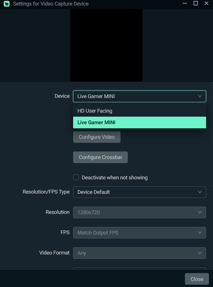 A user selecting the Live Gamer MINI device in the Device menu of Streamlabs' Video Source tab.
