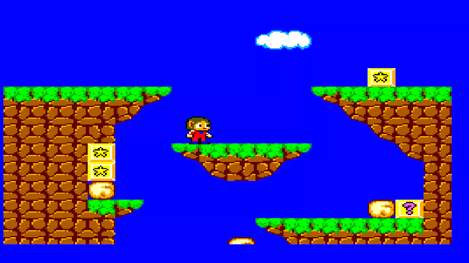 Alex Kidd, the protagonist of the Platformer game "Alex Kidd in Miracle Land" standing on a floating island between two ledges.