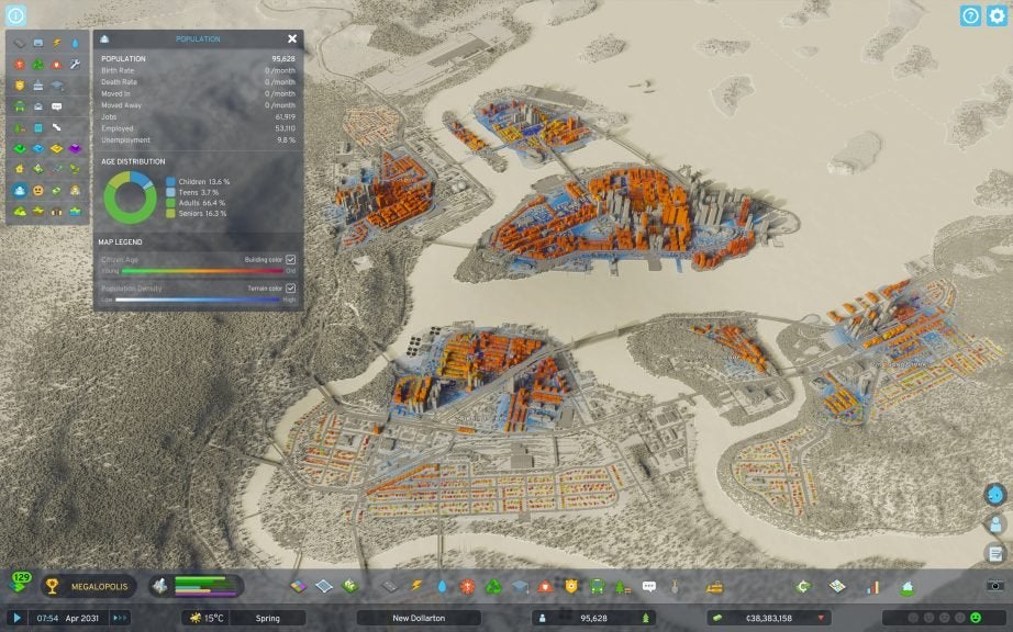 The player looking at the population of their city in the Sandbox game Cities: Skylines 2. There are orange parts of the city that represent the older age of the residents while there are also dark blue parts that represent a high population density.