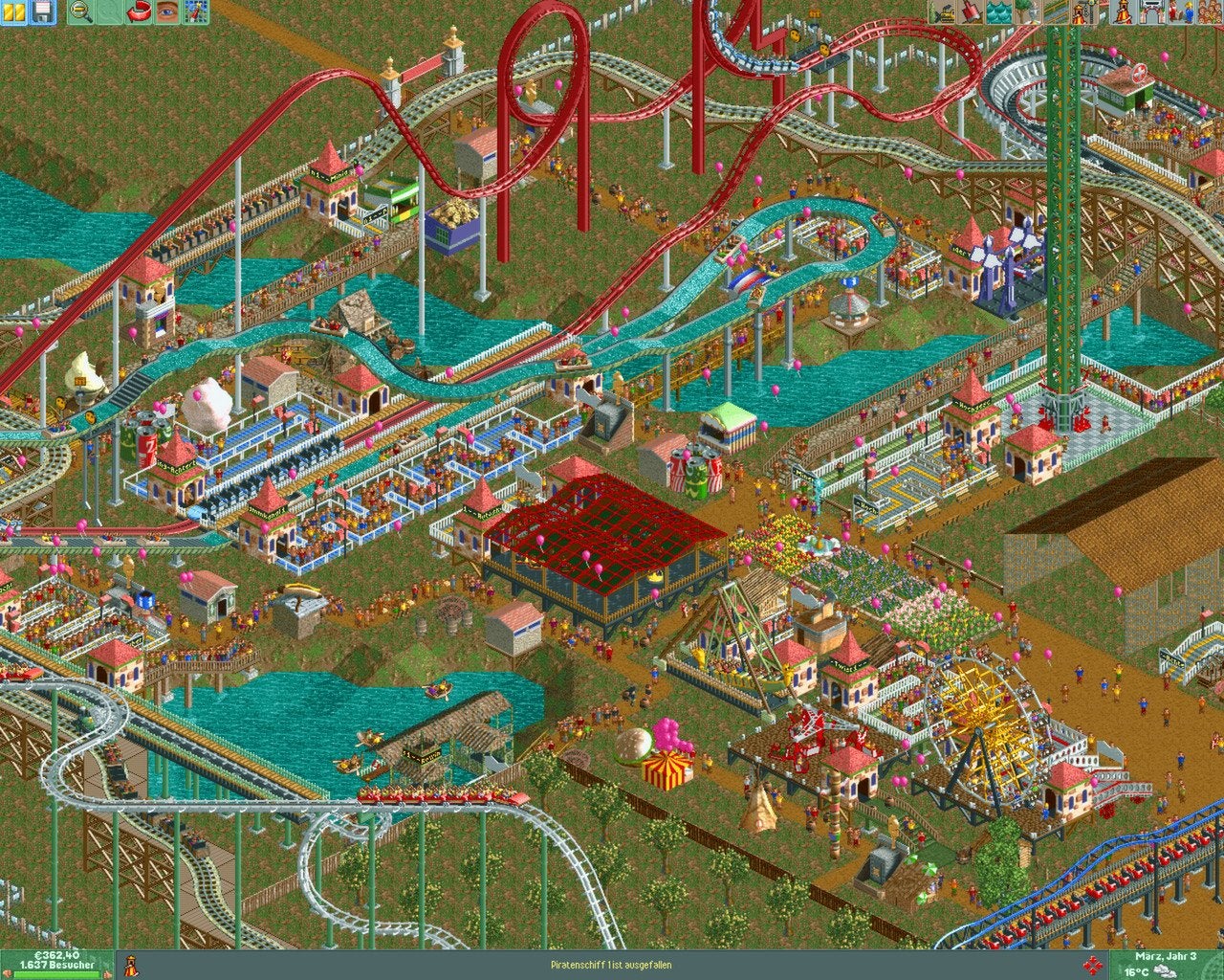 A park with a few rides and attractions in the Sandbox game Rollercoaster Tycoon 2.