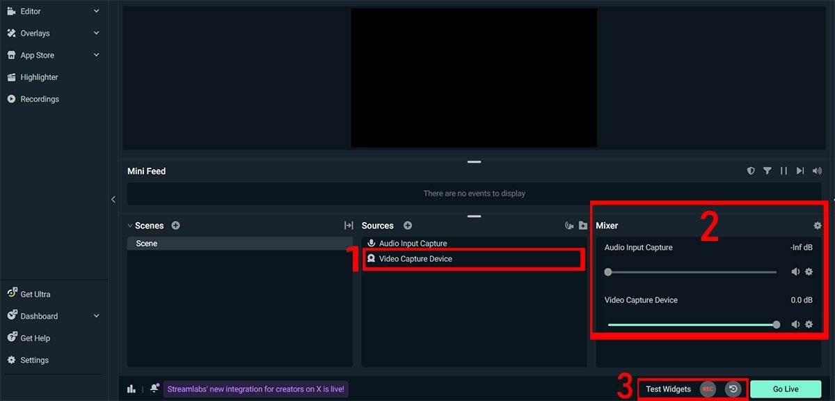 The layout of the Streamlabs recording software where the video capture device, mixer, and record button are all outlined in red and are numbered one through three.