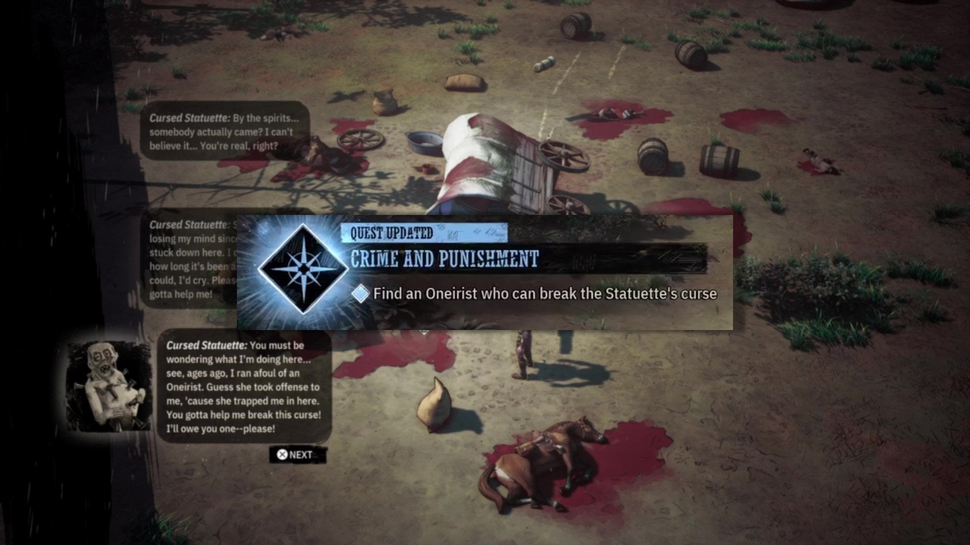 The Crime and Punishment side quest being updated with an in-game text box in Weird West.