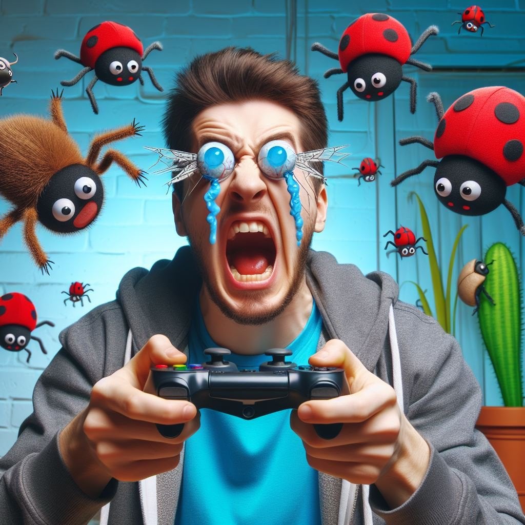 A gamer screaming while their eyes bulge out of their head as cute bugs crawl and fly around in the background.