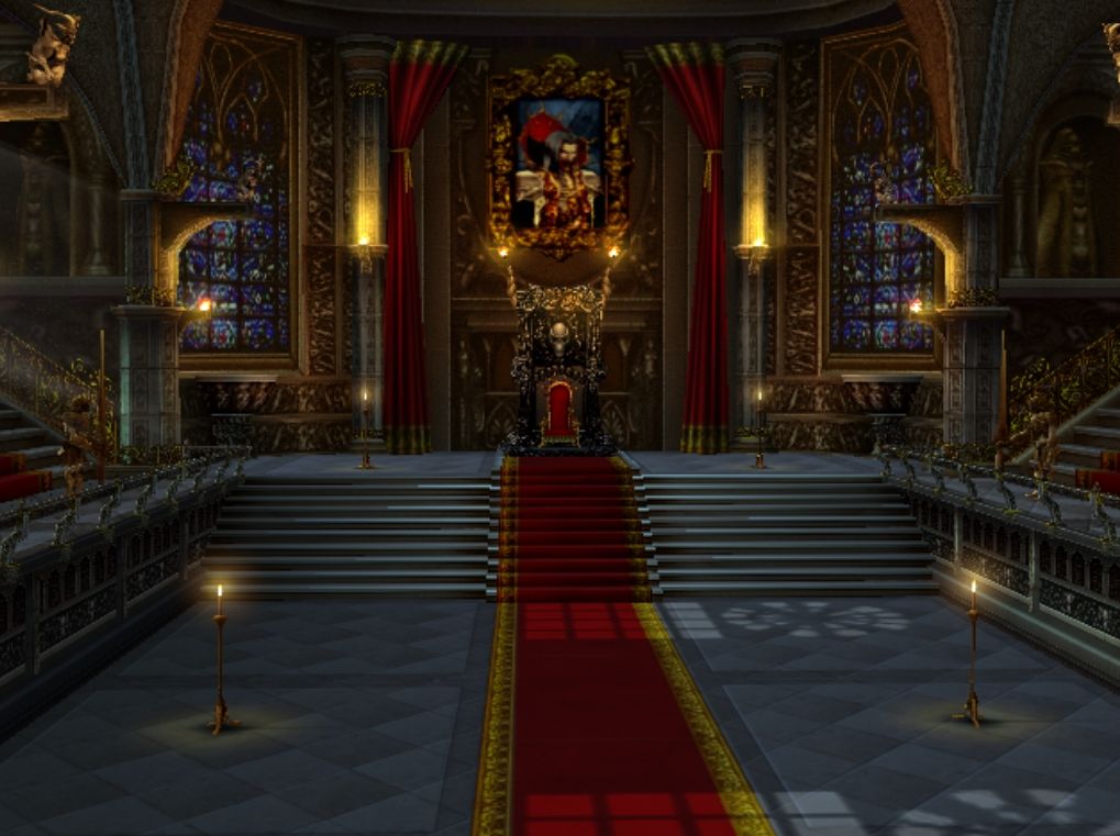 Dracula's throne room in Castlevania Judgment, which has gold walls, a red carpet, a skull-covered throne, and stairs leading a large painting on the back wall featuring Dracula.