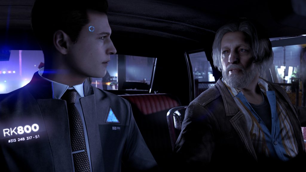 Hank, a cop, and Conner, an android, sitting in a police car in Detroit: Become Human.
