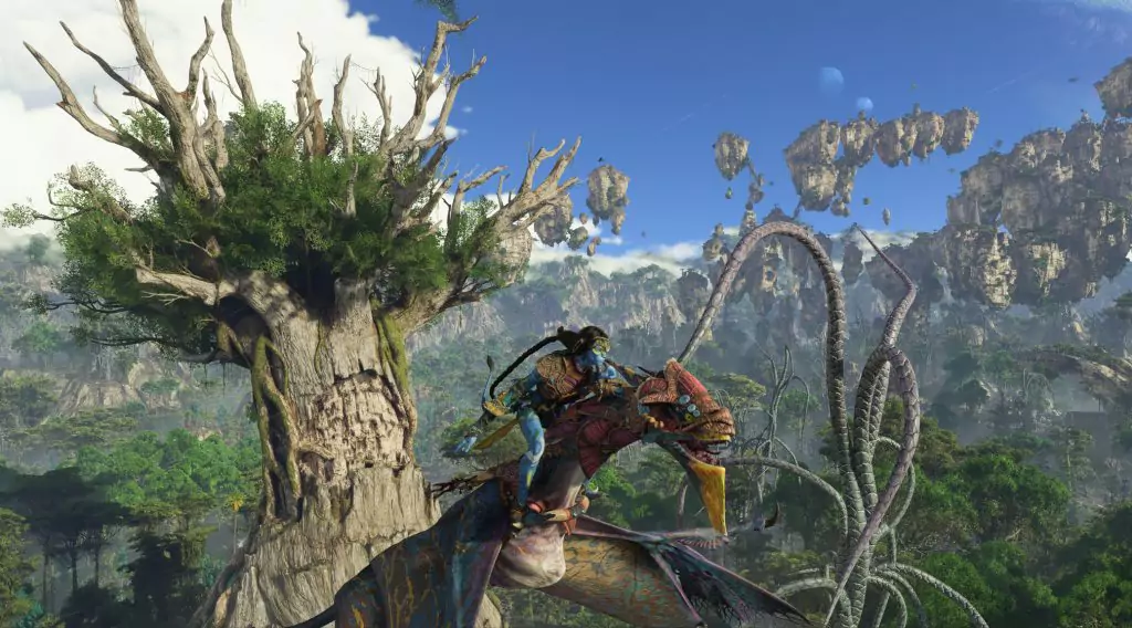 A character in Avatar: Frontiers of Pandora flying on a mount high above a lush landscape.