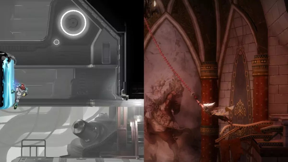 On the left, the player is climbing a wall in Metroid Dread and on the right, the player is swinging across a pit in Castlevania: Lords of Shadow - Mirror of Fate HD.