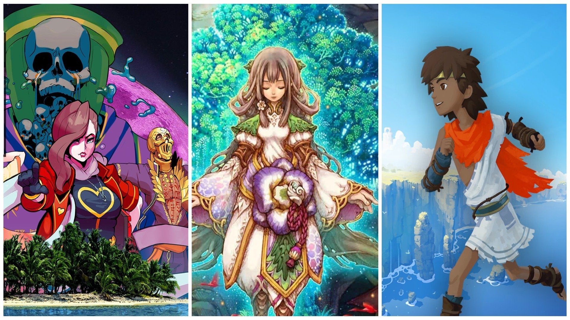The cover art from the games Paradise Killer, Dawn of Mana, and RiME.