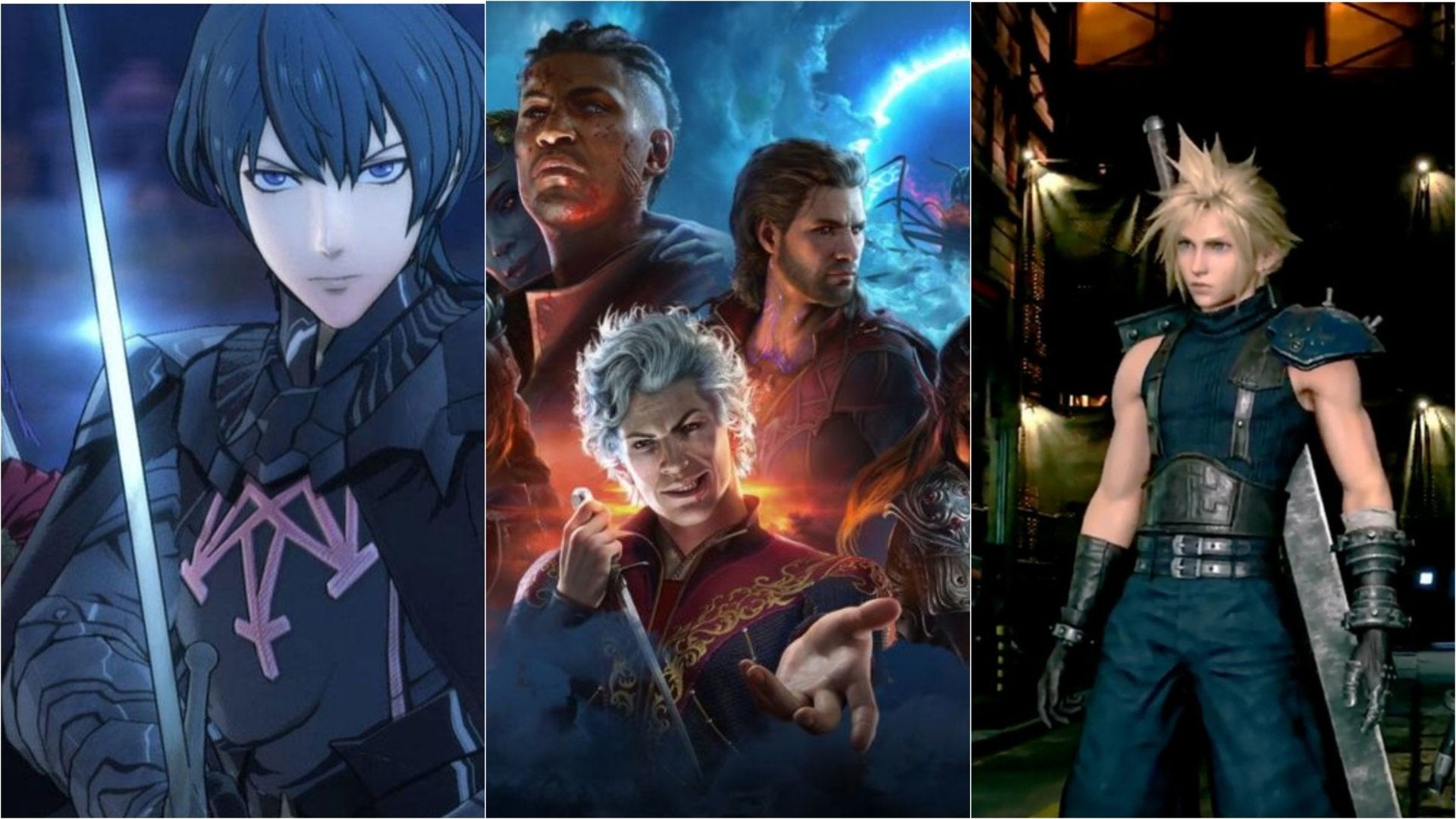 On the left is Byleth from Fire Emblem: Three Houses, in the center are Wyll, Astarion, and Gale from Baldur's Gate 3, and on the right is Cloud from Final Fantasy VII Remake.