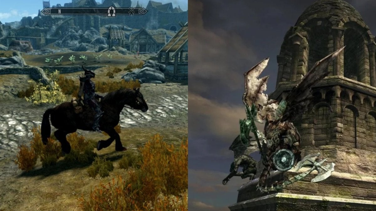 On the left is a player riding their horse in Skyrim and on the right is a Bell Gargoyle from Dark Souls.