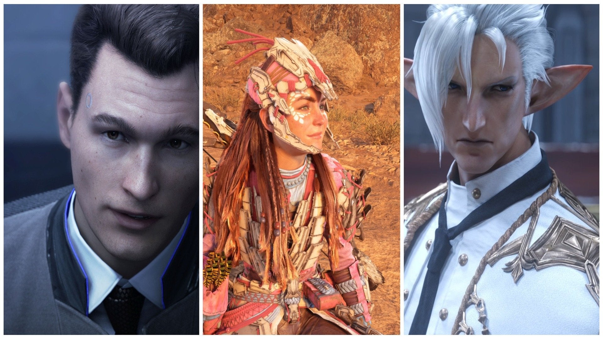 Conner from Detroit: Become Human, Aloy from Horizon: Forbidden West, and Fourchenault from Final Fantasy XIV.
