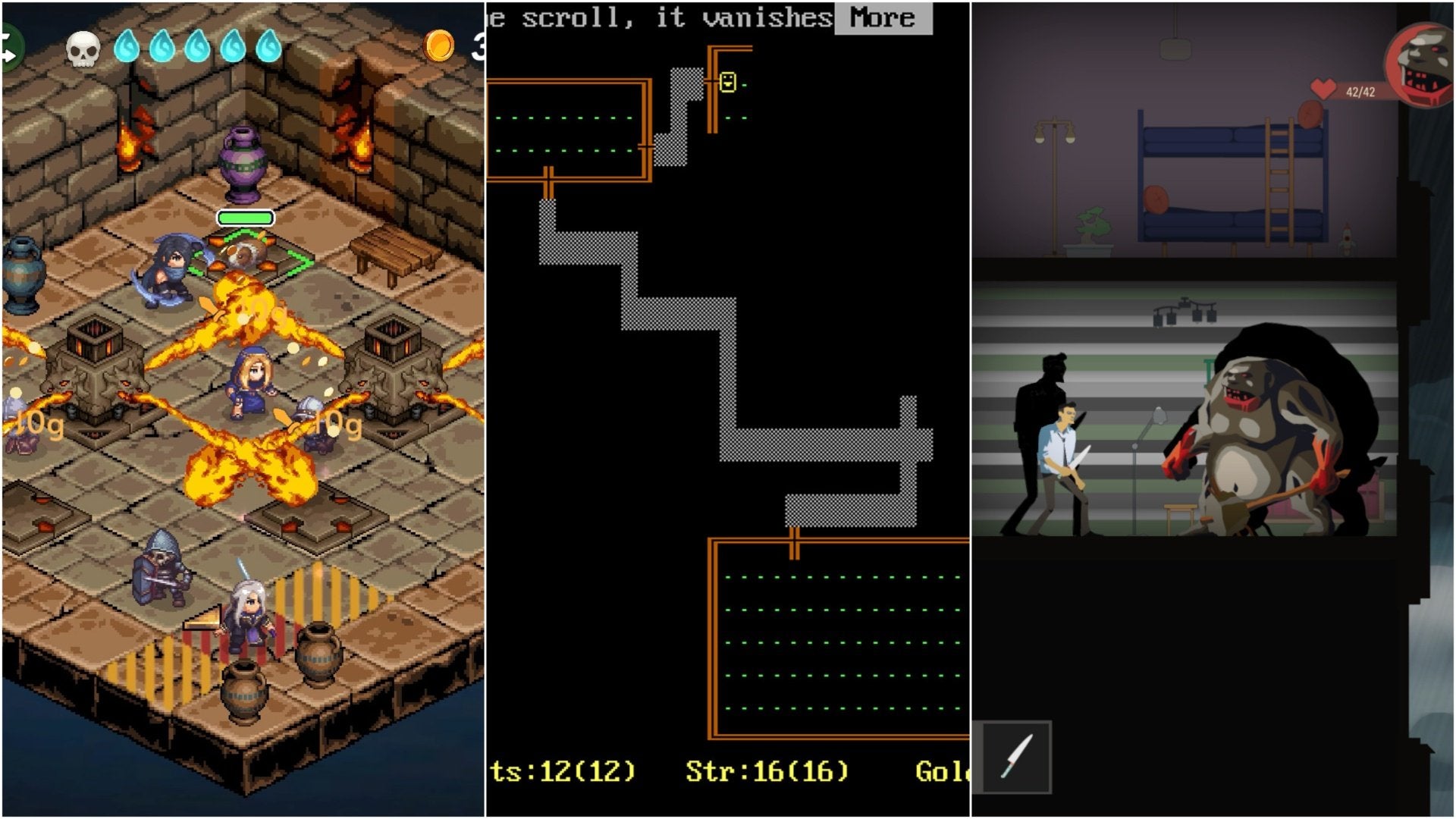 On the left is a player surrounded by fire traps in Tyrant's Blessing, in the center is a player descending a level in Rogue, and on the right is a player fighting a large zombie in SKYHILL.