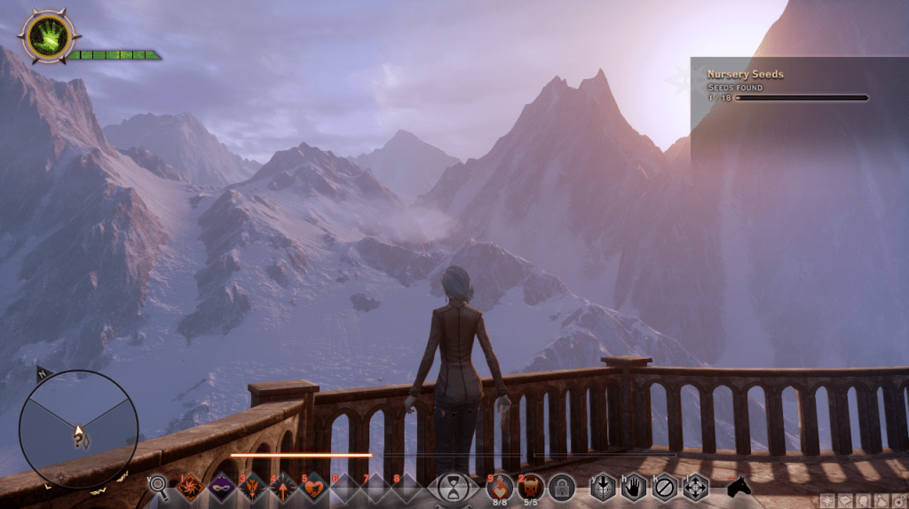 The Inquisitor, a Dalish Elf, standing at the balcony of her room overlooking snowy mountains in Dragon Age: Inquisition—one of the games with the best story components in the last few decades.