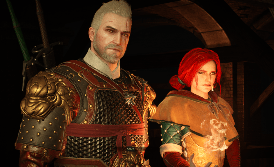 Geralt and Triss in a dungeon in The Witcher 3: Wild Hunt.