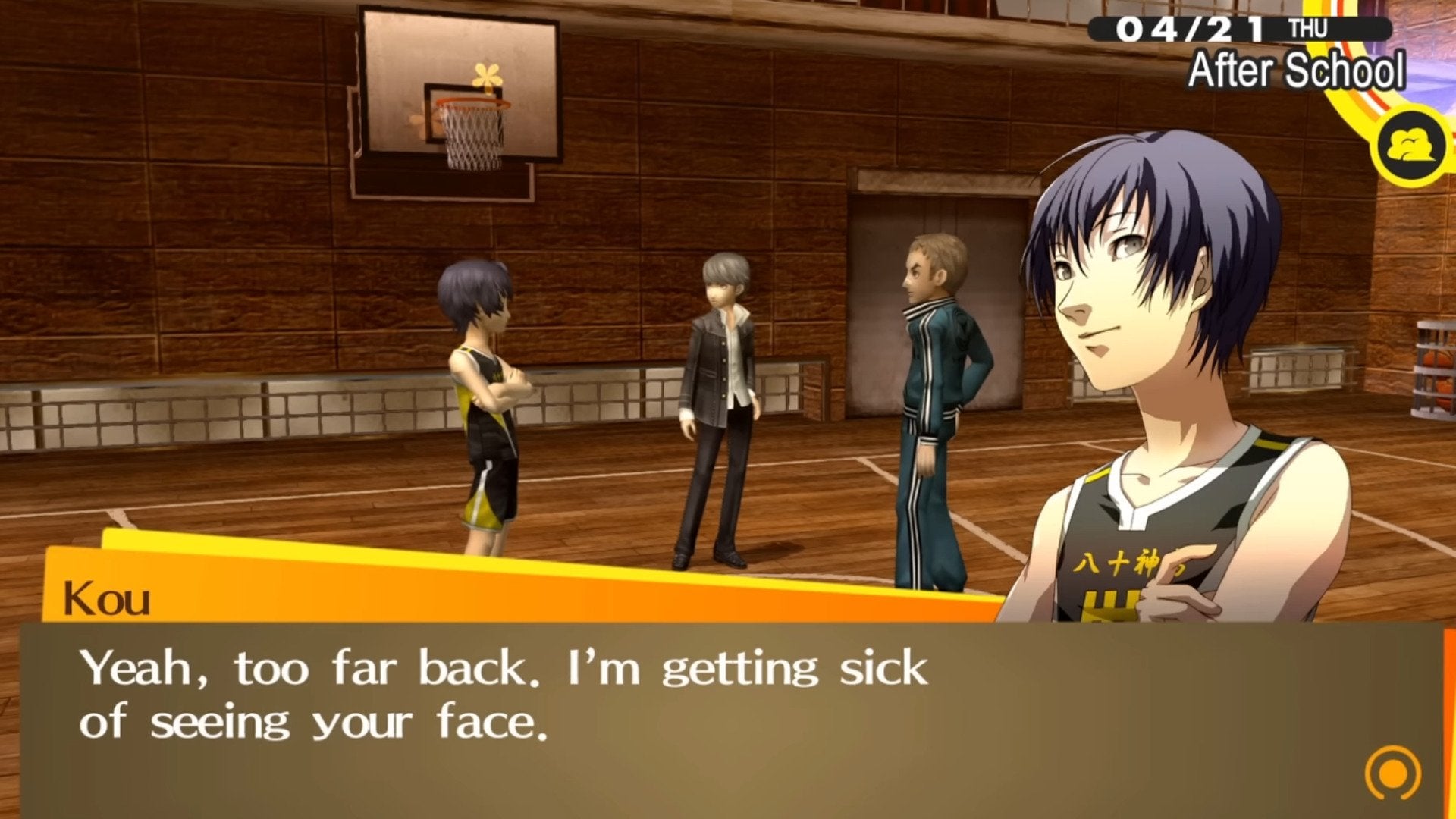 Kou, Daisuke, and the protagonist of Persona 4 Golden chatting in the school gym.