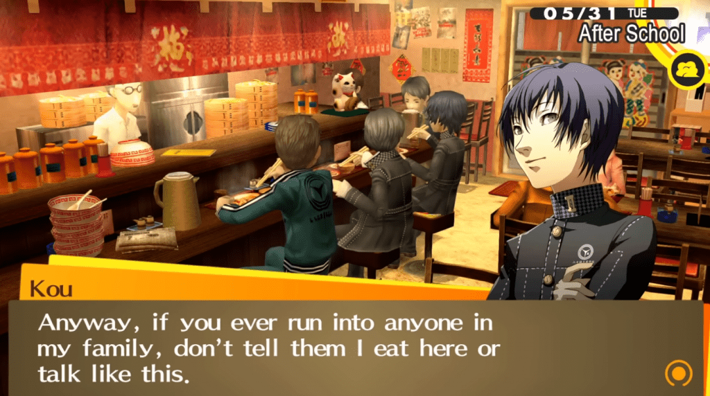 Kou, Daisuke, and the protagonist of Persona 4 Royal enjoying a meal together at the Chinese restaurant in Inaba.