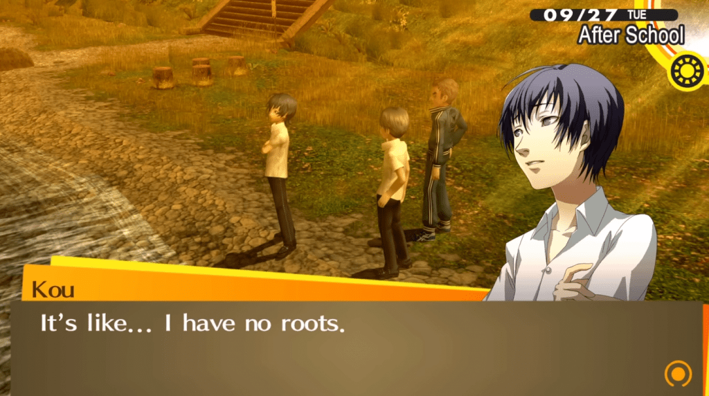 Kou, Daisuke, and the Protagonist of Persona 4 Golden at the riverbank chatting.