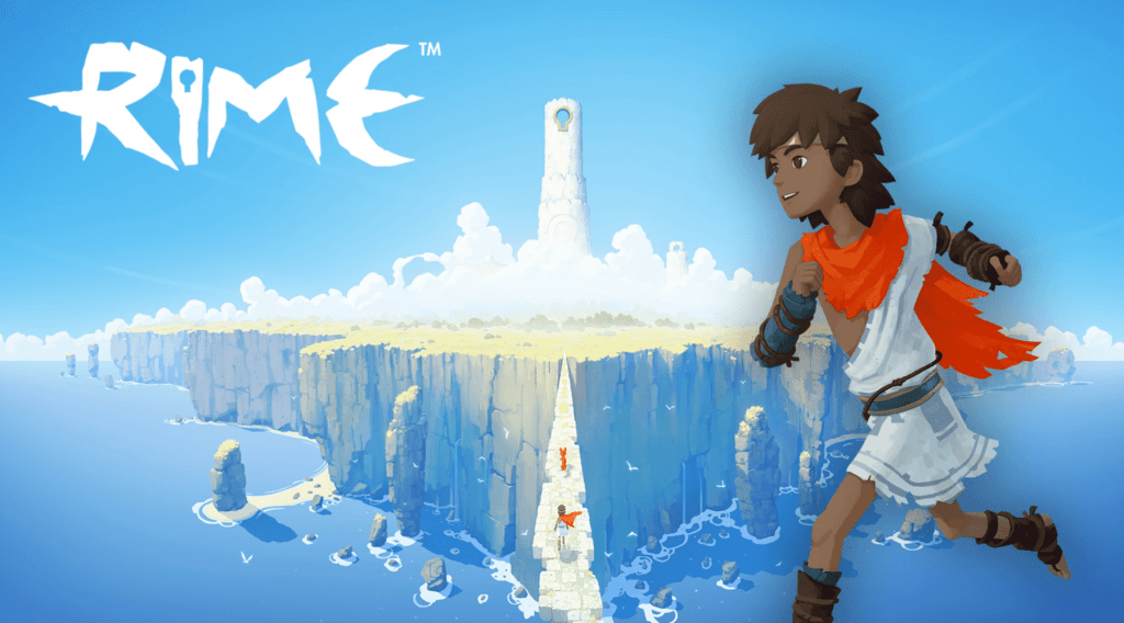 The cover of Rime showing the young male protagonist with a strange city rising from the water.