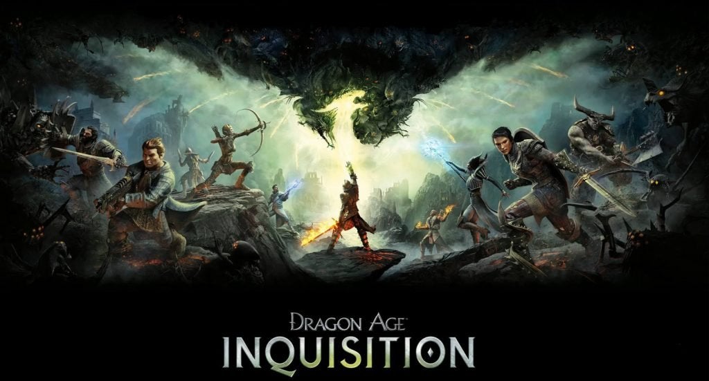 The cover art for Dragon Age: Inquisition, with the Inquisitor reaching their hand towards the green opening in the sky with their companions ready for battle nearby.
