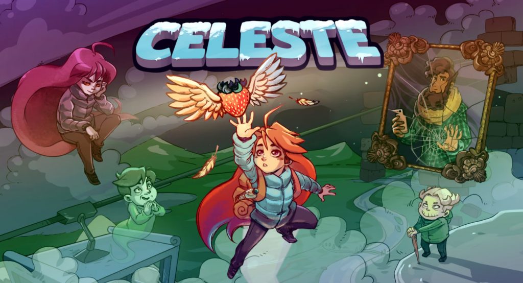 The cover art for Celeste showing the titular main character reaching out for a strawberry with wings while surrounded by supporting characters.