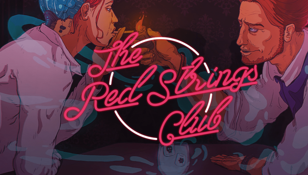 The cover of The Red Strings Club, showing a character lighting a cigarette for another.