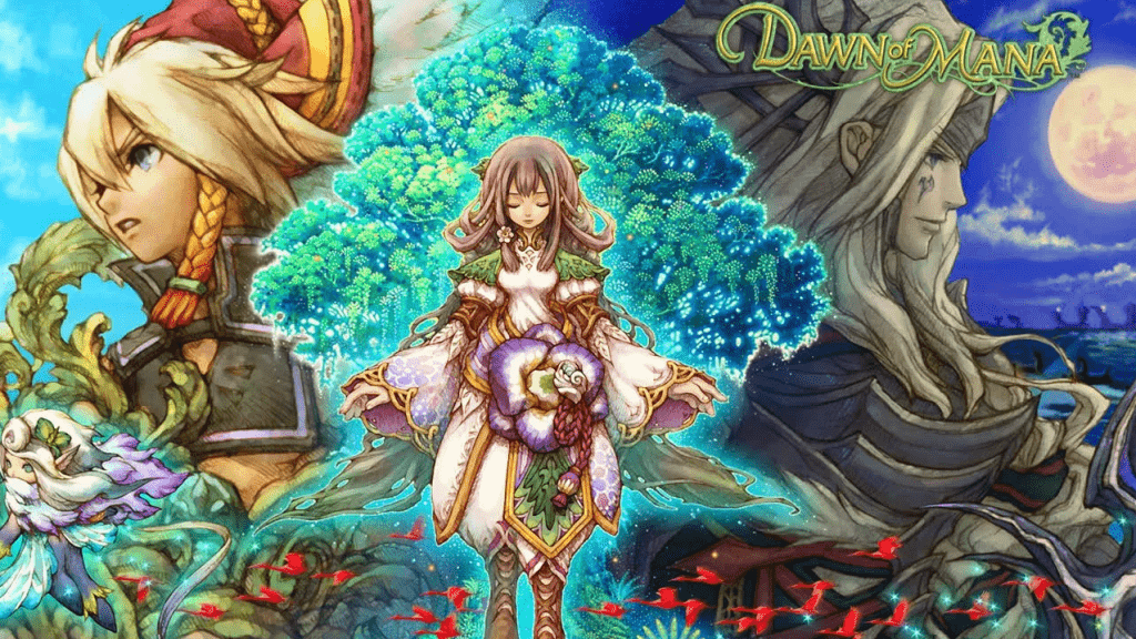 The cover art from Dawn of Mana, featuring three main characters.
