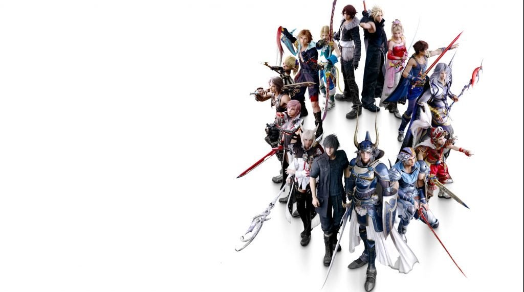 All protagonists from the first 15 Final Fantasy games standing in a circle.