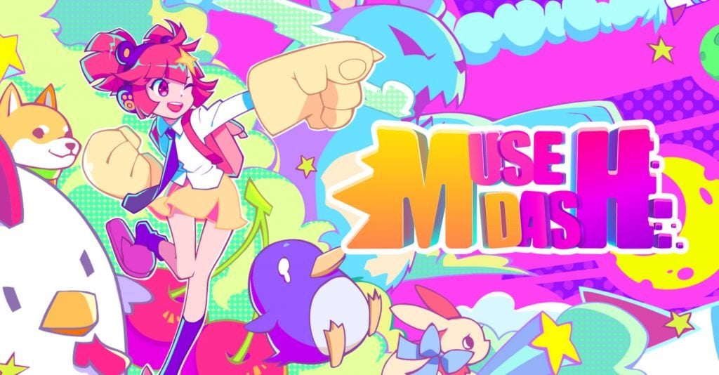 The colorful cover art for the game Muse Dash featuring one of the female characters and a collection of adorable penguins.