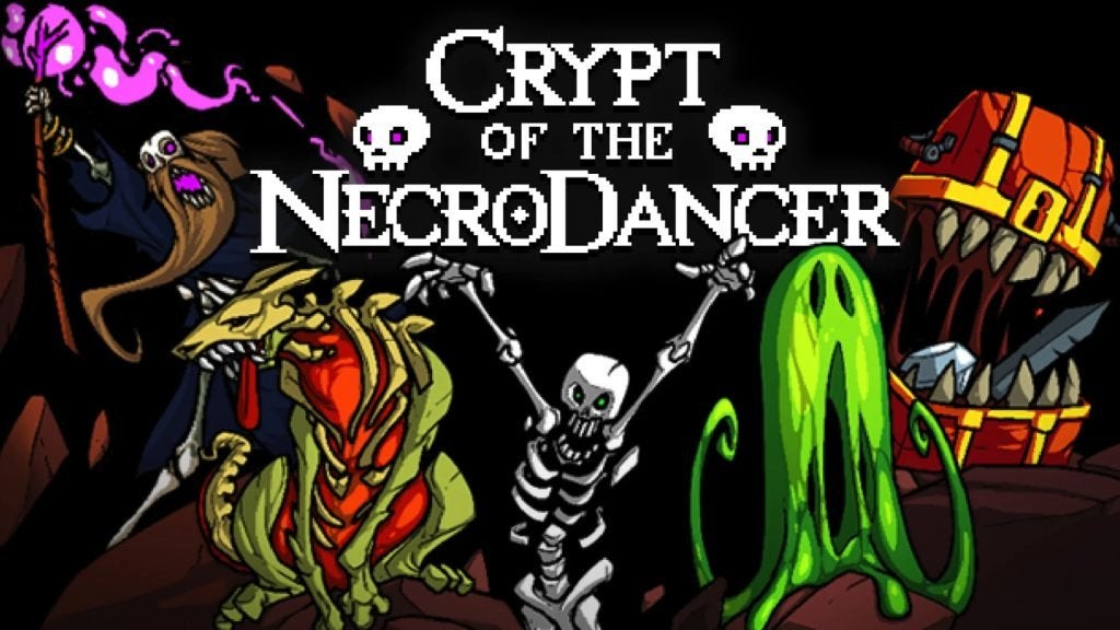 Pixel art featuring a skeleton and other scary creatures on the cover of the rhythm game Crypt of the Necrodancer.