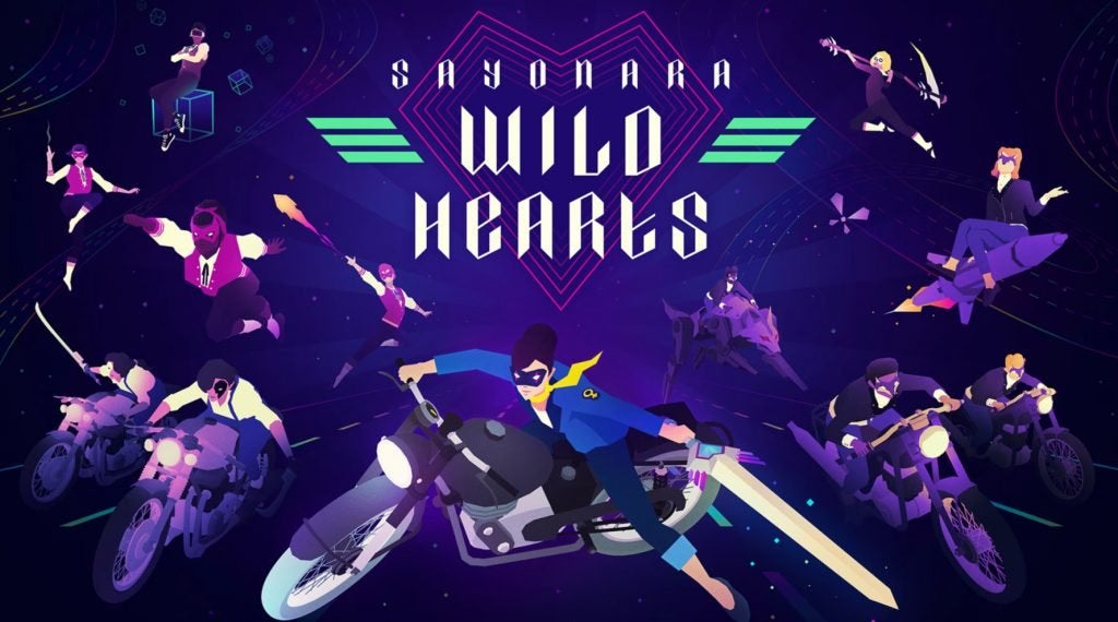 The cover art for Sayonara Wild Hearts featuring a number of characters riding on motorcycles while holding weapons.