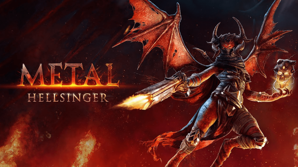 The cover for the game Metal: Hellsinger featuring a devilish creature with a flaming gun.