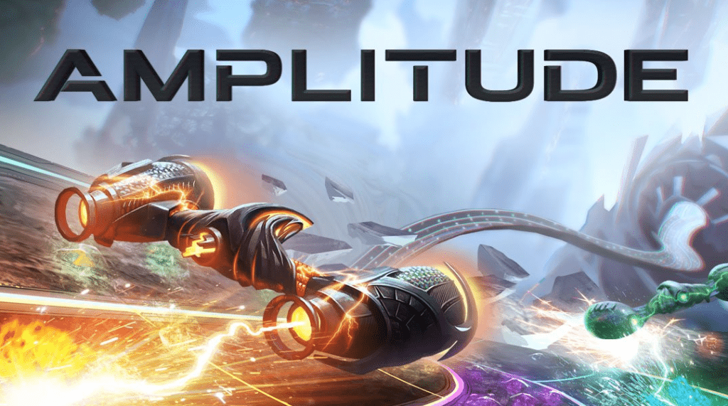The cover of the rhythm game Amplitude showing a futuristic ship speeding along a windy track.