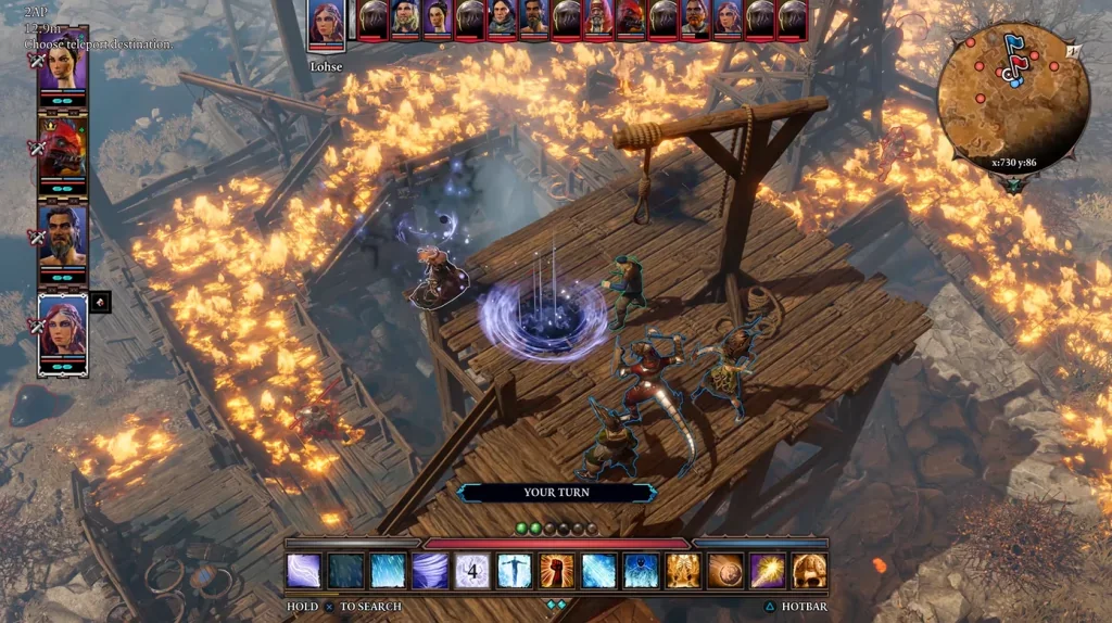 The battle screen in Divinity: Original Sin 2 (one of the games with the best story elements in the modern era), which is an overhead view of all characters, enemies, and terrain. 