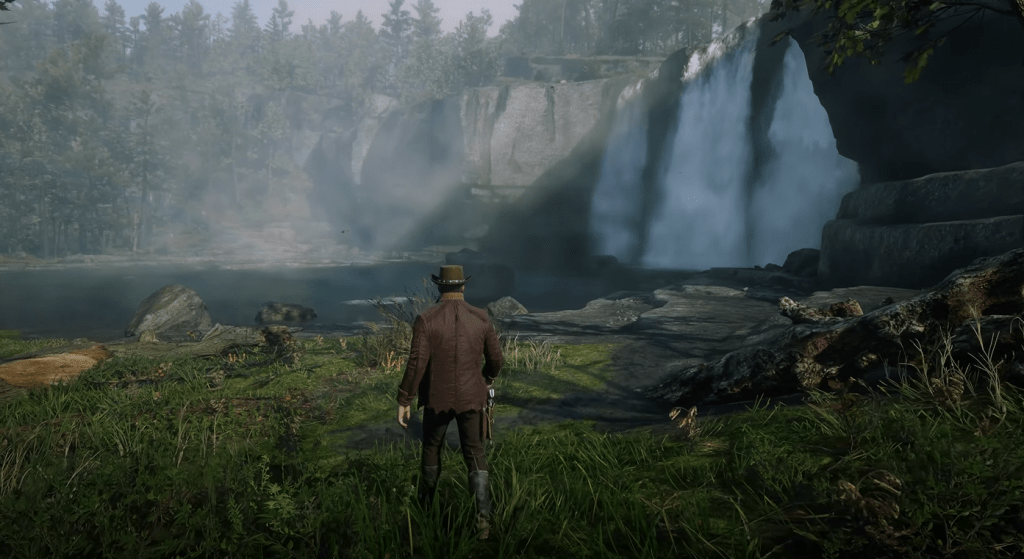 Arthur from Red Dead Redemption 2 walking towards a large waterfall in a forest.