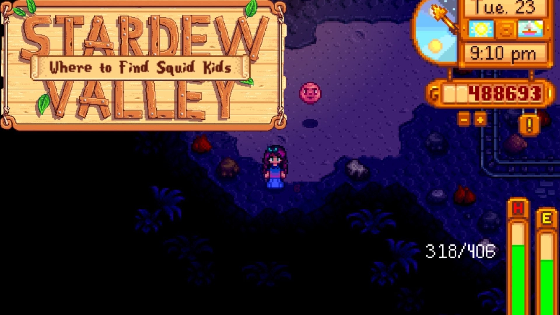 The Stardew Valley logo depicted next to a player and a Squid Kid in the Mines.