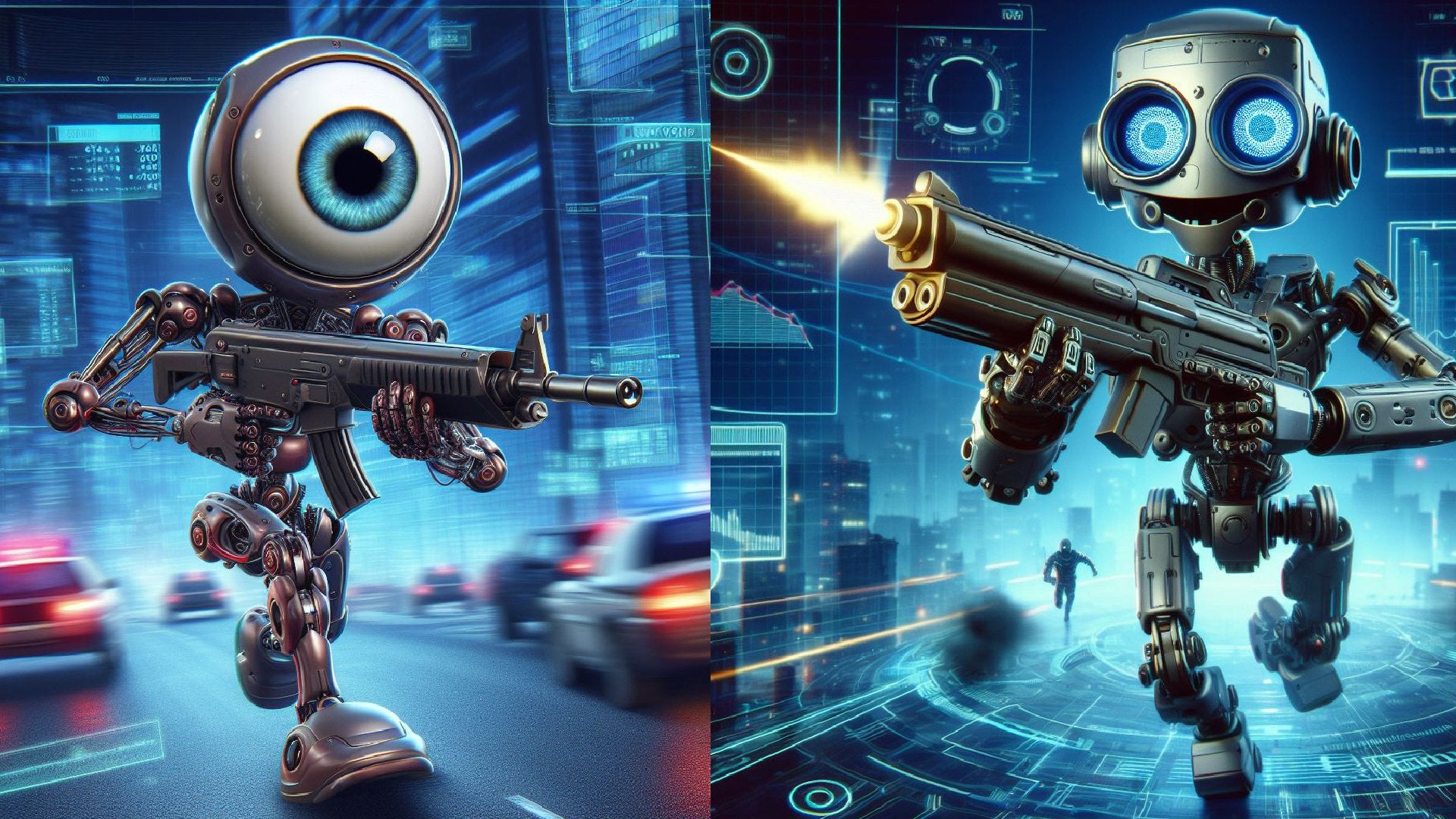 Two robots with large eyes running at each other while holding guns.