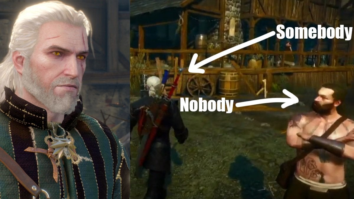 Geralt from The Witcher 3: Wild Hunt on the left and a nameless NPC on the right.
