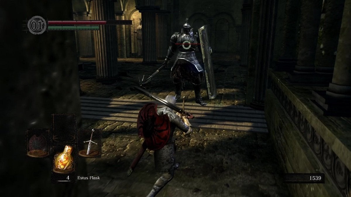 The Chosen Undead fighting a Berenike Knight in the Undead Parish.
