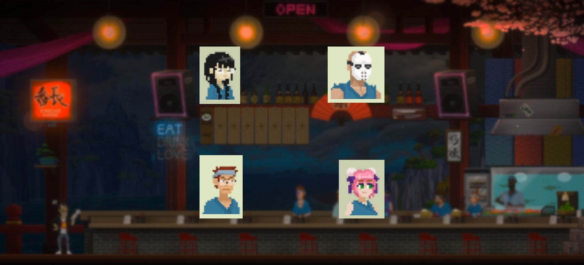 The portraits of four staff members in clockwise order: James, Yone, Charlie, and Maki. These staff members are in front of Bancho Sushi Bar in Dave the Diver.