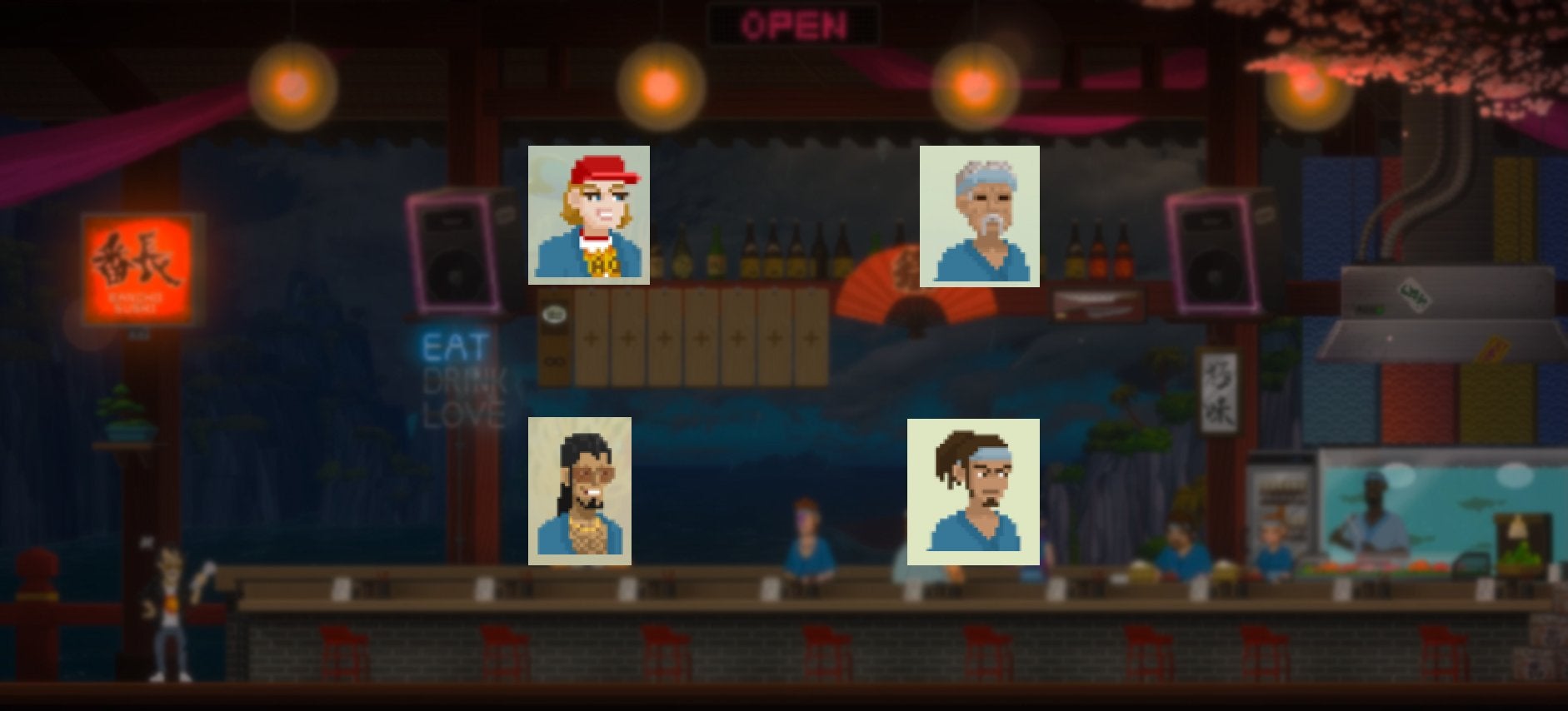 The portraits of four staff members in clockwise order: Pai, Yusuke, Masayoshi, and Davina. These staff members are in front of Bancho Sushi Bar in Dave the Diver.