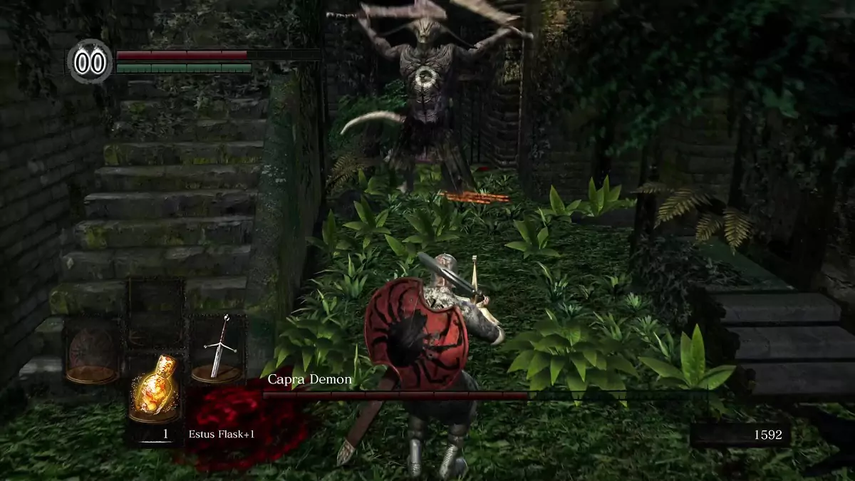The Capra Demon leaping towards the Chosen Undead.